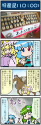 Rule 34 | 4koma, artist self-insert, blonde hair, blue eyes, blue hair, carrot, comic, commentary request, detached sleeves, closed eyes, fox tail, frog hair ornament, green hair, hair ornament, hair tubes, hands in opposite sleeves, hat, heterochromia, highres, holding, holding umbrella, horse, japanese clothes, jar, juliet sleeves, kochiya sanae, long hair, long sleeves, mizuki hitoshi, mob cap, multiple tails, nontraditional miko, open mouth, photo (medium), photo inset, puffy sleeves, red eyes, shelf, short hair, smile, snake hair ornament, sweatdrop, tail, tatara kogasa, tongue, tongue out, touhou, translation request, umbrella, vest, wide sleeves, yakumo ran, yellow eyes