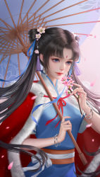 Rule 34 | 1girl, absurdres, blue eyes, branch, brown hair, cape, cherry blossoms, closed mouth, double bun, facial mark, forehead mark, hair bun, hei yu xing cheng, highres, holding, holding umbrella, long hair, pink background, red cape, ribbon, second-party source, short sleeves, solo, twintails, umbrella, upper body, xianjian qixia zhuan, zhao linger