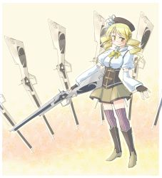 Rule 34 | 10s, 1girl, arnest, blonde hair, breasts, drill hair, field of blades, fingerless gloves, gloves, gun, highres, magical girl, magical musket, mahou shoujo madoka magica, mahou shoujo madoka magica (anime), rifle, short hair, skirt, smile, solo, striped clothes, striped thighhighs, thighhighs, tomoe mami, tomoe mami (magical girl), twin drills, twintails, vertical-striped clothes, vertical-striped thighhighs, weapon, yellow eyes, zettai ryouiki