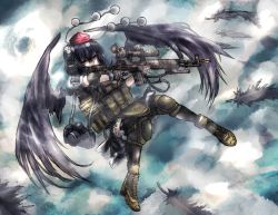 Rule 34 | 1girl, assault rifle, bad id, bad pixiv id, battle rifle, black hair, boots, camera, elbow pads, expressionless, feathers, female focus, fingerless gloves, gloves, gun, h&amp;k m14 ebr, hat, headset, heckler &amp; koch, knee pads, load bearing vest, looking away, m14, military operator, panzer (p.z), red eyes, rifle, shameimaru aya, short hair, skirt, solo, tokin hat, touhou, trigger discipline, weapon, wings