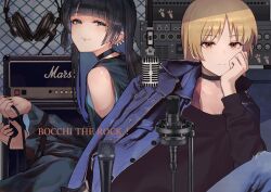 Rule 34 | 2girls, absurdres, amplifier, black choker, black dress, black eyes, black hair, black nails, blonde hair, blue jacket, blunt bangs, bocchi the rock!, chin piercing, choker, clothing cutout, colored inner hair, commentary request, copyright name, dress, earrings, expressionless, headphones, highres, ijichi seika, jacket, jacket on shoulders, jewelry, long hair, looking at viewer, microphone, multicolored hair, multiple girls, open clothes, open jacket, oshiri seijin, pa-san, red eyes, shoulder cutout, smile, studio, two-tone hair