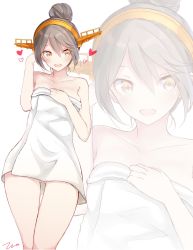 Rule 34 | 10s, 1girl, alternate costume, alternate hairstyle, bare arms, bare shoulders, black hair, commentary request, hair between eyes, hair bun, hairband, haruna (kancolle), heart, highres, kantai collection, naked towel, open mouth, single hair bun, solo, tebi (tbd11), thigh gap, towel, white towel, yellow eyes, zoom layer
