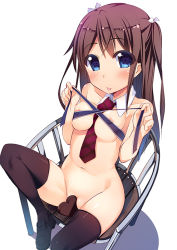 Rule 34 | 1girl, blue eyes, blush, breasts, brown hair, candy, chocolate, chocolate heart, detached collar, food, heart, kurozu, long hair, looking at viewer, naked necktie, navel, necktie, nude, original, ribbon, solo, thighhighs, uncensored, valentine