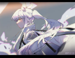 Rule 34 | 1girl, animal ears, arknights, blurry, dated, depth of field, high collar, jacket, letterboxed, long hair, looking at viewer, mie lu, parted lips, platinum (arknights), ponytail, sideways glance, solo, upper body, white hair, white jacket, wind, yellow eyes