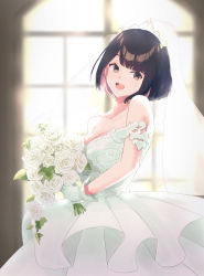 Rule 34 | 1girl, :d, bad id, bad pixiv id, bare shoulders, blurry, blurry background, bouquet, breasts, brown eyes, cleavage, dress, flower, gloves, highres, holding, holding bouquet, indoors, nijisanji, open mouth, seto miyako, short hair, smile, solo, u kyoumaru, veil, virtual youtuber, wedding dress, white gloves, window