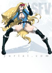 Rule 34 | 1girl, blonde hair, blue eyes, breasts, cammy white, cleavage, fighting stance, highres, large breasts, long hair, solo, street fighter, street fighter v, very long hair, yuri ai
