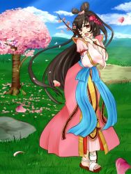 Rule 34 | 10s, 1girl, black hair, brown eyes, brown hair, cardfight!! vanguard, cherry blossoms, clogs, cloud, field, flower, goddess of flower divination sakuya, hair ornament, long hair, looking at viewer, meadow, open mouth, oracle think tank, outdoors, ribbon, sky, smile, solo, tree, very long hair