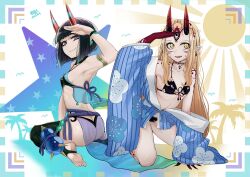 Rule 34 | + +, 2girls, arm up, armpits, ass, b.d, bare legs, beach, bikini, black bikini, blonde hair, blue kimono, breasts, butt crack, covered erect nipples, eyeshadow, facepaint, fang, fangs, fate/grand order, fate (series), fingernails, floral print, from behind, full body, gourd, hand on ground, hand over eye, highres, horns, ibaraki douji (fate), japanese clothes, kimono, kimono pull, kneeling, legs apart, looking at viewer, looking back, makeup, medium hair, midriff, multiple girls, navel, off shoulder, oni, palm tree, purple eyes, purple hair, red eyeshadow, see-through, sharp fingernails, shuten douji (fate), skin-covered horns, small breasts, smile, star (symbol), starry background, striped clothes, striped kimono, swimsuit, tree, vertical-striped clothes, vertical-striped kimono, yellow eyes