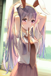Rule 34 | 1girl, arms up, blurry, blurry background, brown skirt, closed mouth, collared shirt, commentary request, depth of field, hair between eyes, hands in hair, highres, long hair, looking at viewer, mouth hold, necktie, pleated skirt, purple eyes, purple hair, red necktie, red ribbon, reisen udongein inaba, ribbon, ribbon in mouth, shirt, short sleeves, skirt, solo, standing, touhou, tying hair, very long hair, white shirt, yuuka nonoko
