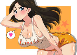 Rule 34 | 10s, 1girl, ass, bare shoulders, bent over, blue eyes, breasts, brown hair, cleavage, collarbone, eyebrows, female focus, girls und panzer, hand in own hair, hand on own thigh, hand on thigh, heart, hooters, huge breasts, kani club, large breasts, long hair, looking at viewer, midriff, navel, no legwear, nonna (girls und panzer), short shorts, shorts, smile, solo, spoken heart, star (symbol), thighs