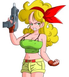 Rule 34 | 1girl, angry, arm at side, bare shoulders, blonde hair, blush, breasts, cleavage, clenched teeth, dragon ball, dragon ball (classic), female focus, fingerless gloves, gloves, green eyes, green tank top, groin, gun, hair ribbon, holding, holding gun, holding weapon, large breasts, legs, long hair, looking at viewer, lunch (dragon ball), midriff, navel, red ribbon, ribbon, short shorts, shorts, simple background, solo, standing, tank top, teeth, thighs, transparent background, weapon, yamamoto doujin, yellow shorts