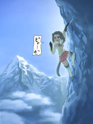 Rule 34 | 1girl, alpine marmot (kemono friends), black gloves, bow, bowtie, commentary request, elbow gloves, extra ears, gloves, grey hair, grey thighhighs, highres, kemono friends, long sleeves, marmot ears, marmot girl, marmot tail, mcgunngu, mountain, mountain climbing, open mouth, plaid, plaid skirt, pleated skirt, red bow, red bowtie, red skirt, short hair, skirt, solo, thighhighs, translated, zettai ryouiki