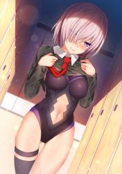 Rule 34 | 1girl, bad id, bad pixiv id, black leotard, black thighhighs, blush, breasts, breasts apart, ceiling, closed mouth, clothes lift, clothing cutout, collared shirt, cowboy shot, dutch angle, embarrassed, evening, eyes visible through hair, fate/grand order, fate (series), hair over one eye, head tilt, highres, impossible clothes, impossible leotard, indoors, kawai (purplrpouni), large breasts, lens flare, leotard, leotard under clothes, lifted by self, light particles, lips, locker, locker room, long sleeves, looking at viewer, mash kyrielight, navel, navel cutout, necktie, nose blush, purple eyes, purple hair, red necktie, shade, shirt, short hair, silver hair, single thighhigh, skin tight, skindentation, solo, standing, stomach, sweater, sweater lift, thigh gap, thigh strap, thighhighs, thighs, tiles, undressing