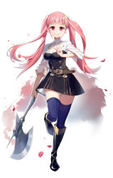 Rule 34 | 1girl, axe, belt, black footwear, blue thighhighs, blunt bangs, boots, breasts, brown belt, closed mouth, commentary, fire emblem, fire emblem: three houses, full body, garreg mach monastery uniform, highres, hilda valentine goneril, holding, holding axe, knee boots, leg up, long hair, looking at viewer, medium breasts, nintendo, nyoro (nyoronyoro000), petals, pink hair, red eyes, sleeves past elbows, smile, solo, thighhighs, twintails, white background, zettai ryouiki