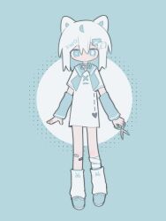 Rule 34 | 1girl, animal ears, bad bcy id, bad id, bad source, bandaged leg, bandages, bandaid, bandaid on knee, bandaid on leg, blue-footed booby, blue arm warmers, blue background, blue collar, blue dress, blue eyes, blue hair, blue ribbon, blue theme, blush stickers, bright pupils, circle, closed mouth, collar, collared dress, colored inner hair, dress, expressionless, flat color, footwear ribbon, fox ears, fox kikumi, full body, hair between eyes, hair ornament, heart, heart print, highres, holding, holding scissors, knees, loose hair strand, mismatched pupils, multicolored hair, musical note, neck ribbon, original, ribbon, ribbon-trimmed dress, scissor print, scissors, short dress, short sleeves, simple background, solo, speech bubble, straight-on, symbol-shaped pupils, white leg warmers, white pupils, white ribbon, white sleeves