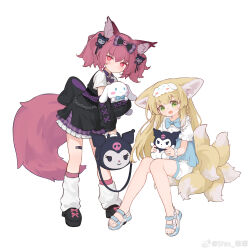 Rule 34 | 2girls, animal ears, arknights, bag, bandaid, bandaid on knee, bandaid on leg, black bow, black dress, black footwear, blonde hair, blue shirt, bow, cinnamoroll, closed mouth, commentary request, detached sleeves, dress, fox ears, fox girl, fox tail, full body, green eyes, hair bow, highres, holding, holding bag, holding stuffed toy, kitsune, kuromi, leg warmers, long hair, looking at viewer, multiple girls, multiple tails, onegai my melody, open mouth, purple hair, red eyes, sandals, sanrio, shamare (arknights), shio (shiofeifei), shirt, short sleeves, short twintails, shorts, smile, stuffed toy, suzuran (arknights), tail, twintails, weibo watermark, white shorts