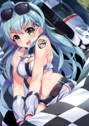 Rule 34 | 1girl, bare shoulders, blue hair, blush, breasts, car, character request, checkered flag, cleavage, copyright request, dodge (company), dodge viper, eyewear on head, flag, gedou (shigure seishin), holding, holding flag, long hair, looking at viewer, medium breasts, motor vehicle, navel, open mouth, smile, solo, sunglasses, yellow eyes