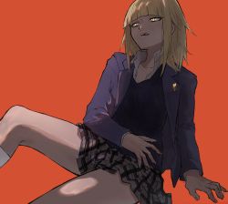 Rule 34 | 1girl, absurdres, blonde hair, blunt bangs, boku no hero academia, hair down, highres, jacket, messy hair, open clothes, open jacket, school uniform, skirt, solo, toga himiko, yellow eyes