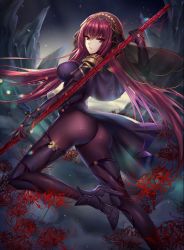 Rule 34 | 1girl, ass, bad id, bad twitter id, bodysuit, breasts, capelet, closed mouth, fate/grand order, fate (series), flower, gae bolg (fate), hair between eyes, holding, holding polearm, holding weapon, long hair, looking at viewer, mallizmora, outdoors, polearm, purple capelet, purple hair, scathach (fate), see-through, solo, spider lily, standing, standing on one leg, thighs, veil, very long hair, weapon