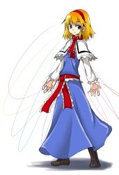Rule 34 | 1girl, alice margatroid, arms at sides, bad id, bad pixiv id, blonde hair, blouse, blue eyes, boots, capelet, cross-laced footwear, expressionless, full body, hairband, long sleeves, looking away, neck ribbon, ribbon, sash, shadow, shinmon akika, shirt, short hair, simple background, skirt, skirt set, solo, standing, string, touhou, white background