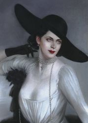 Rule 34 | 1girl, alcina dimitrescu, artist request, black hair, breasts, cleavage, dress, earrings, flower, gloves, hat, highres, jewelry, lipstick, looking at viewer, makeup, necklace, pale skin, resident evil, resident evil village, rose, short hair, solo, sun hat, tall female, white dress, yellow eyes