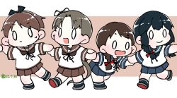 Rule 34 | 0 0, 4girls, ayanami (kancolle), black hair, blue neckerchief, blue sailor collar, blue skirt, braid, brown hair, brown neckerchief, brown sailor collar, brown skirt, chibi, commentary request, dated, holding hands, isonami (kancolle), kantai collection, long hair, multiple girls, neckerchief, open mouth, sailor collar, shikinami (kancolle), short hair, side ponytail, skirt, smile, tsubutarou, twin braids, twintails, uranami (kancolle)