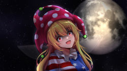 Rule 34 | 1girl, american flag dress, blonde hair, blush, breasts, clownpiece, commission, commissioner upload, crazy smile, fairy wings, faruhanart, hat, highres, jester cap, long hair, looking at viewer, moon, neck ruff, open mouth, red eyes, smile, solo, space, touhou, very long hair, wings
