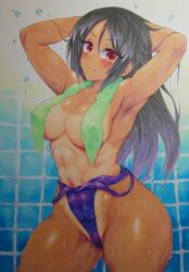 Rule 34 | 1girl, armpits, arms behind head, bathroom, black hair, breasts, character request, clothes pull, highres, large breasts, legs, long hair, looking at viewer, navel, one-piece swimsuit, one-piece swimsuit pull, red eyes, smile, swimsuit, tan, tanline, thick thighs, thighs, toned, topless, towel, towel around neck, traditional media, wet