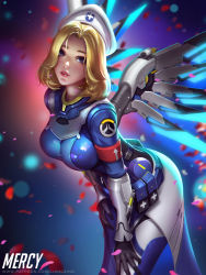 Rule 34 | 1girl, alternate hairstyle, armband, armlet, belt pouch, beret, black gloves, blonde hair, blue bodysuit, blue eyes, blue wings, blush, bodysuit, breasts, character name, combat medic ziegler, cowboy shot, cross, emblem, gloves, glowing, glowing wings, hat, large breasts, leaning forward, liang xing, logo, long sleeves, looking at viewer, mechanical wings, mercy (overwatch), official alternate costume, overwatch, overwatch 1, parted bangs, parted lips, patreon username, pouch, shirt, solo, taut clothes, taut shirt, white hat, wings