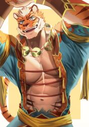 1boy abs absurdres animal_ears bara belt blue_shirt border cat_nose chest_fur chinese_clothes chinese_commentary fang furry furry_male gauntlets hands_up highres jewelry lin_hu_(nekojishi) looking_at_viewer male_focus muscular muscular_male navel necklace nekojishi open_mouth orange_fur pectoral_cleavage pectorals shirt smile tail tiger_boy tiger_ears tiger_stripes tiger_tail tokuni_(toktoktokuni) white_border yellow_background yellow_belt