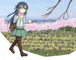 Rule 34 | 1girl, aqua jacket, artist name, bag, belt, blue sky, boots, bow, brown footwear, carrying, carrying bag, cloud, female focus, flower print, full body, green bow, green skirt, hair bow, jacket, long hair, looking at viewer, love live!, love live! school idol festival, love live! school idol project, outdoors, petals, pink scarf, scarf, shirt, shoes, skirt, sky, smile, solo, sonoda umi, teeth, white shirt, yellow eyes, yui eis