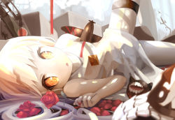 Rule 34 | 10s, 2girls, abyssal ship, aircraft, airplane, claws, dress, flower, highres, horns, kantai collection, long hair, looking at viewer, looking to the side, lying, mittens, multiple girls, northern ocean princess, onasuba, open mouth, orange eyes, pale skin, petals, rose, seaport princess, short dress, solo focus, white dress, white hair