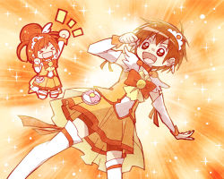 Rule 34 | &gt; &lt;, 1boy, 1girl, :d, arm up, bad id, bad pixiv id, bike shorts, bow, bowtie, brother and sister, brown hair, closed eyes, cosplay, crossdressing, cure sunny, cure sunny (cosplay), dress, hair bun, happy, hino akane (smile precure!), hino genki, jumping, open mouth, orange background, orange dress, orange hair, orange shorts, orange skirt, orange theme, precure, short hair, shorts, shorts under skirt, siblings, single hair bun, skirt, smile, smile precure!, sparkle, thighhighs, white thighhighs, xd, yuzuno nana
