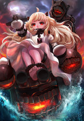 Rule 34 | 10s, 1girl, a6m zero, absurdres, abyssal ship, ahoge, aircraft, airplane, barefoot, big hair, cloud, cloudy sky, dress, from below, full body, highres, horns, kantai collection, legs together, long hair, mittens, northern ocean princess, orange sky, outdoors, red eyes, sky, solo, splashing, sunset, thigh strap, upskirt, white dress, white hair, zhujun0431