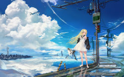 Rule 34 | 1girl, absurdres, bird, black jacket, blue sky, cloud, commentary request, dated commentary, day, dress, highres, jacket, lighthouse, long sleeves, ocean, original, outdoors, power lines, railroad tracks, sailor collar, scenery, sem (honey sv), sky, sleeveless, sleeveless dress, solo, standing, utility pole, white dress, white footwear, wide shot
