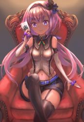 Rule 34 | .live, 1girl, absurdres, black thighhighs, breasts, card, carro pino, chair, crossed legs, denchi more power, detached sleeves, garter belt, headband, highres, long hair, looking at viewer, low twintails, medium breasts, purple eyes, purple hair, simple background, sitting, smile, solo, thighhighs, twintails, virtual youtuber