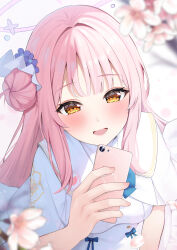 Rule 34 | 1girl, absurdres, blue archive, blush, breasts, capelet, cellphone, cherry blossoms, dress, flower, hair bun, hair flower, hair ornament, halo, highres, holding, holding phone, long hair, looking at viewer, medium breasts, mika (blue archive), open mouth, phone, pink hair, pink halo, purple flower, rei (ilust9999), revision, single side bun, smartphone, smile, solo, upper body, white capelet, white dress, yellow eyes