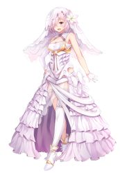 Rule 34 | 1girl, :d, alternate costume, blush, breasts, cleavage, fate/grand order, fate (series), flower, full body, gloves, hair flower, hair ornament, hair over one eye, hand on own hip, highres, light purple hair, looking at viewer, mash kyrielight, nahaki, open mouth, pleated skirt, purple eyes, short hair, simple background, single thighhigh, skirt, sleeveless, smile, solo, thighhighs, veil, white background, white footwear, white gloves, white skirt, white thighhighs