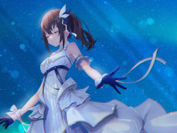 Rule 34 | 1girl, bare shoulders, black gloves, breasts, brown hair, closed eyes, commentary, dress, gloves, hair ornament, highres, hololive, long hair, official alternate costume, ponytail, ribbon, side ponytail, smile, solo, star (symbol), star hair ornament, starry background, tokino sora, tokino sora (birthday 2022), virtual youtuber, white dress, yoruillust