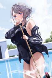 Rule 34 | 2girls, black jacket, black one-piece swimsuit, blue eyes, blush, breasts, chigusa minori, commentary request, corrupted twitter file, covered navel, female pov, grey hair, highres, holding, jacket, large breasts, long sleeves, looking at viewer, multiple girls, one-piece swimsuit, open clothes, open jacket, outdoors, pov, saotome shino (shino to ren), shino to ren, single bare shoulder, smile, solo, swimsuit, thighs