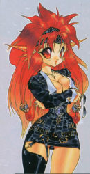 Rule 34 | 1990s (style), 1girl, asymmetrical clothes, belt, breasts, cleavage, cross, dragon half, formal, hair ornament, headband, horns, jewelry, large breasts, latin cross, long hair, miniskirt, mink (dragon half), mita ryuusuke, necklace, pencil skirt, red eyes, red hair, retro artstyle, single thighhigh, skirt, skirt suit, solo, suit, sunglasses, thighhighs