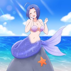 Rule 34 | ahoge, blue hair, breasts, cleavage, face hold, fins, fish tail, halterneck, highres, idolmaster, idolmaster (classic), kiria021, mermaid, miura azusa, monster girl, monsterification, ocean, open mouth, rock, shell, shell bikini, sitting, sitting on rock, smile, solo, starfish, tail