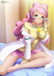 Rule 34 | 1girl, absurdres, barefoot, blush, collarbone, creatures (company), earrings, eyeshadow, flower earrings, game freak, green eyes, highres, holding, jacket, jewelry, lab coat, long hair, long sleeves, looking at viewer, makeup, miriam (pokemon), multicolored hair, nail polish, nintendo, nurse, open clothes, open jacket, pink hair, pokemon, pokemon sv, purple hair, purple skirt, sitting, skirt, smile, stethoscope, sweater, two-tone hair, white jacket, yellow nails, yellow sweater, zel-sama