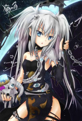 Rule 34 | 1girl, :o, bad id, bad pixiv id, blue eyes, bracelet, chain, hair ornament, holding, jewelry, kanden sky, long hair, looking at viewer, md5 mismatch, nail polish, open mouth, original, pointy ears, scythe, signature, silver hair, solo, twintails, weapon