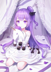Rule 34 | 1girl, :t, absurdres, ahoge, azur lane, bad id, bad pixiv id, bare shoulders, bed, bed sheet, black ribbon, canopy bed, closed mouth, commentary, detached sleeves, dress, hair bun, hair ribbon, halterneck, highres, holding, holding stuffed toy, iren lovel, long hair, looking at viewer, on bed, one side up, petals, purple eyes, purple hair, ribbon, seiza, sidelocks, single hair bun, sitting, solo, stuffed animal, stuffed toy, stuffed winged unicorn, symbol-only commentary, unicorn (azur lane), very long hair, white dress