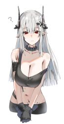 Rule 34 | 1girl, ?, arknights, bandaged arm, bandages, black bra, black gloves, bra, breasts, cleavage, closed mouth, collarbone, commentary, cowboy shot, cropped legs, demon horns, ear piercing, expressionless, gloves, grey hair, hair between eyes, highres, horn/wood, horns, infection monitor (arknights), long hair, looking at viewer, material growth, medium breasts, mudrock (arknights), mudrock (elite ii) (arknights), navel, oripathy lesion (arknights), piercing, red eyes, sagging breasts, simple background, single bare shoulder, solo, sports bra, standing, stomach, strap slip, underwear, white background