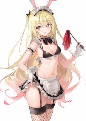 Rule 34 | 1girl, animal ears, arm garter, bikini, blonde hair, blue eyes, bow, bowtie, breasts, character request, commentary request, dsmile, fishnet thighhighs, fishnets, garter straps, gloves, gradient hair, hair between eyes, long hair, looking at viewer, maid, maid bikini, maid headdress, medium breasts, multicolored hair, original, pink hair, rabbit ears, rabbit tail, red bow, red bowtie, simple background, solo, swimsuit, tail, thighhighs, unconventional maid, very long hair, white background, white gloves