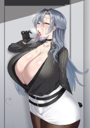 Rule 34 | 1girl, absurdres, belt, black collar, black gloves, black shirt, black undershirt, blush, breasts, character request, cleavage, collar, commentary request, copyright request, corrupted file, cum, cum on body, cum on breasts, cum on upper body, door, facial, fellatio gesture, gloves, grey hair, hand up, highres, huge breasts, indoors, long hair, looking at viewer, multiple belts, noe (ppppriver), open mouth, pantyhose, shiny skin, shirt, skirt, solo, standing, star (symbol), steam, striped clothes, striped shirt, tongue, tongue out, undershirt, white skirt, yellow eyes