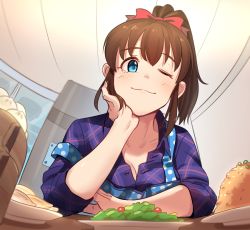 Rule 34 | 1girl, blouse, blue eyes, blush, bow, breasts, brown hair, cleavage, closed mouth, collarbone, food, hair bow, hair ribbon, hand on own chin, idolmaster, idolmaster million live!, kamille (vcx68), looking at viewer, medium breasts, one eye closed, plate, ponytail, purple shirt, red bow, ribbon, satake minako, shirt, short ponytail, sitting, sleeves rolled up, smile, solo, upper body