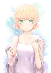 Rule 34 | 1girl, blonde hair, camisole, collarbone, female focus, green eyes, kokotetsu, mizuhashi parsee, open mouth, pointy ears, short hair, solo, touhou, undressing, upper body